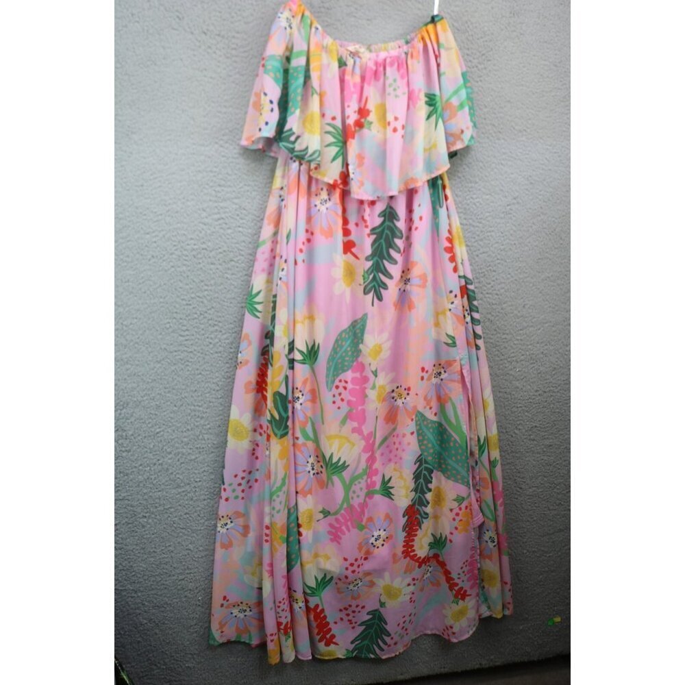 Entro Strapless Babydoll Maxi‎ Dress-Tropical-Beachy-Sheer-Small-Side Slits
